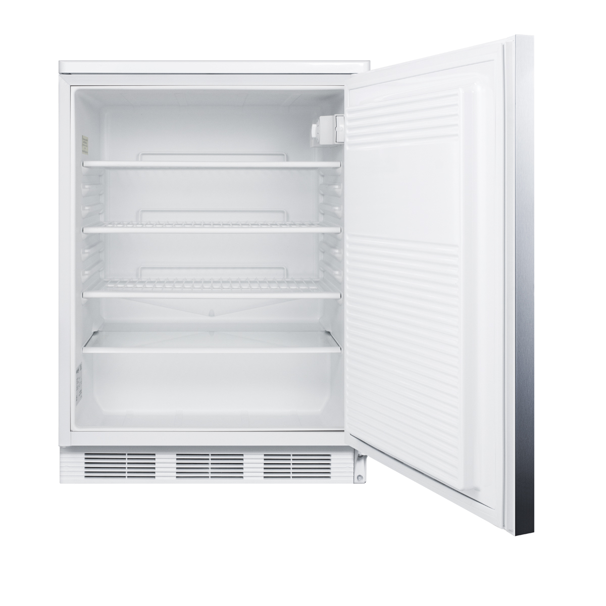 Commercially listed built-in undercounter all-refrigerator for general purpose use, auto defrost w/lock, SS door, horizontal handle, and white cabinet